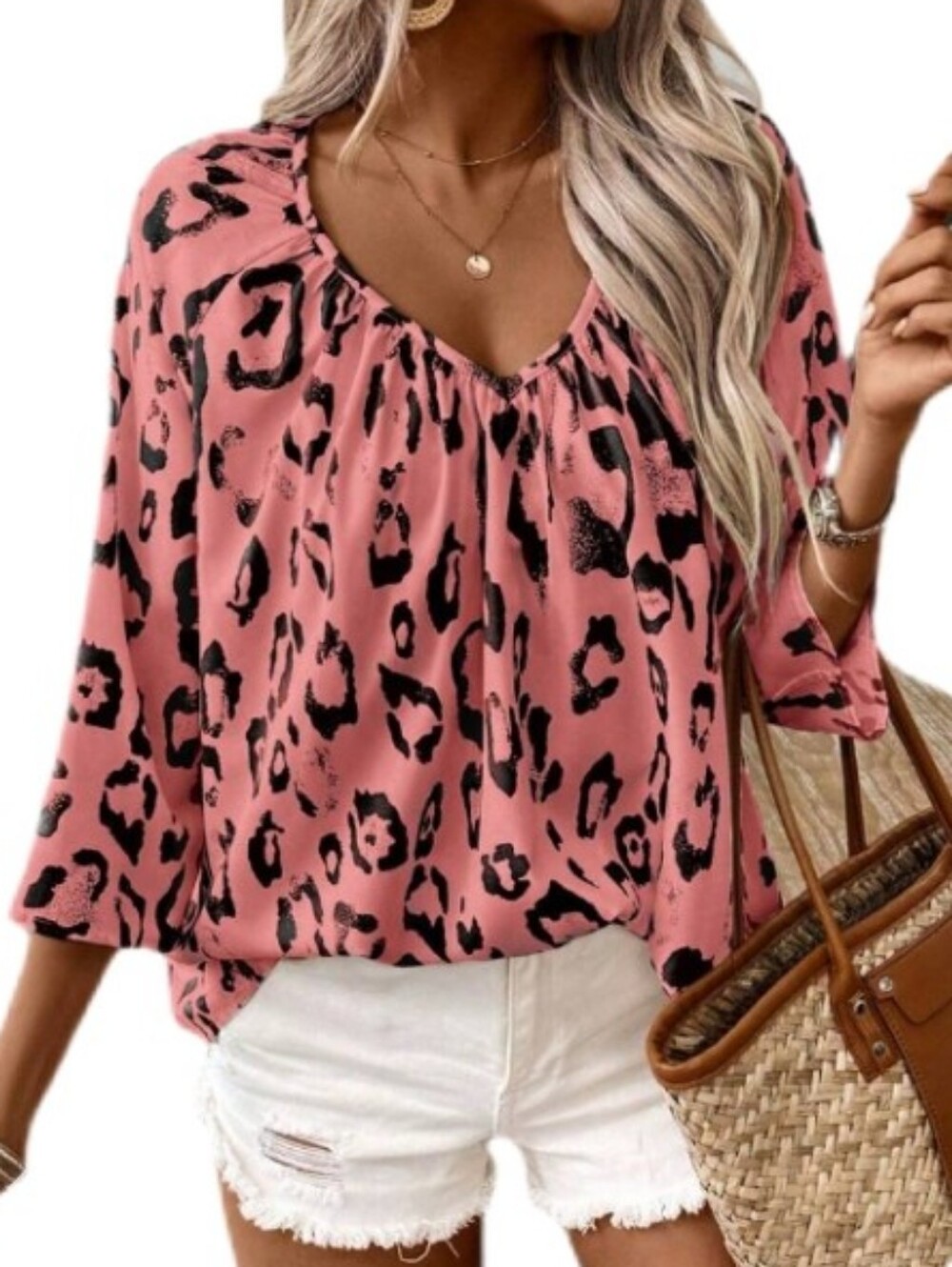 SHEIN Curve Pink Leopard Print V-Neck Top 1XL